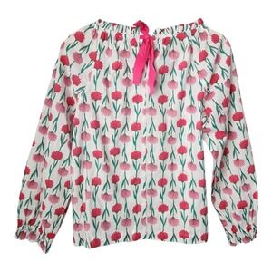 J Crew Floral Cotton Blouse Sz S Tie Back White Pink Long Sleeve Flowers Cute